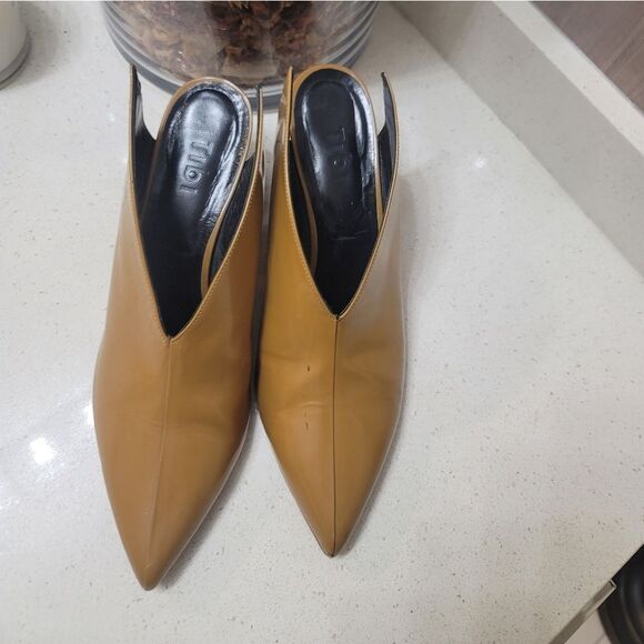 Tibi Owen Winged Mule Slip On Open Back Heel Tan Patent Leather EU Size 39.5 - Picture 1 of 10